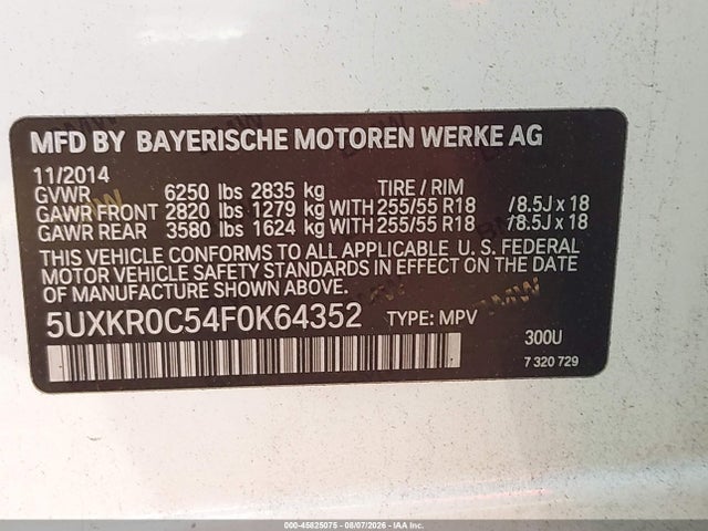 Aukcja sprzedaży 2015 Bmw X5 Xdrive35i, vin: 5UXKR0C54F0K64352, numer aukcji: 45825075