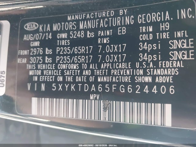 KIA SORENTO LX 2015 5XYKTDA65FG624406 Image 9