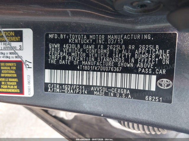Продаж на аукціоні авто 2013 Toyota Camry Hybrid Xle, vin: 4T1BD1FK7DU076367, номер лоту: 45825089