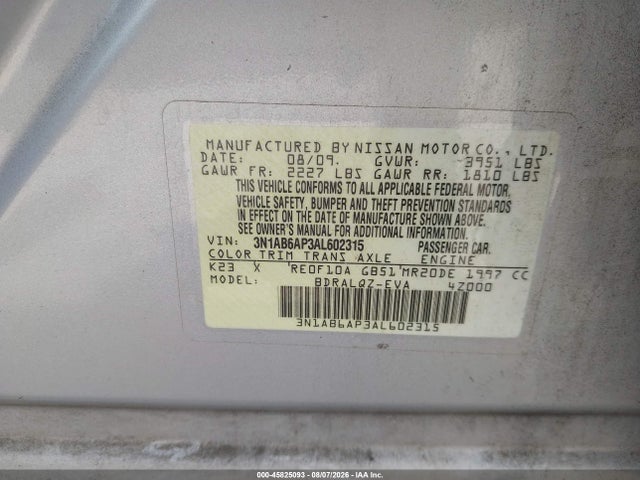 Продаж на аукціоні авто 2010 Nissan Sentra 2.0, vin: 3N1AB6AP3AL602315, номер лоту: 45825093