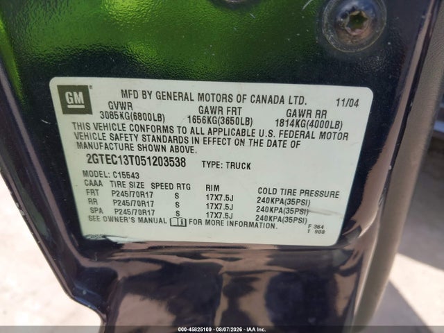 2005 Gmc Sierra 1500 Sle მანქანა იყიდება აუქციონზე, vin: 2GTEC13T051203538, აუქციონის ნომერი: 45825109