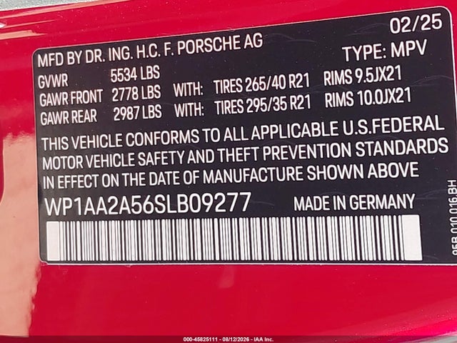 45825111 :رقم المزاد ، WP1AA2A56SLB09277 vin ، 2025 Porsche Macan T مزاد بيع