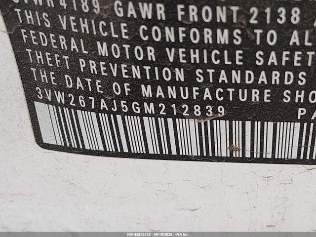 2016 Volkswagen Jetta 1.4t S მანქანა იყიდება აუქციონზე, vin: 3VW267AJ5GM212839, აუქციონის ნომერი: 45825138