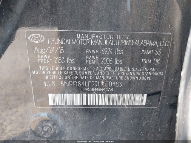 5NPD84LF9JH400483 Hyundai ELANTRA SEL