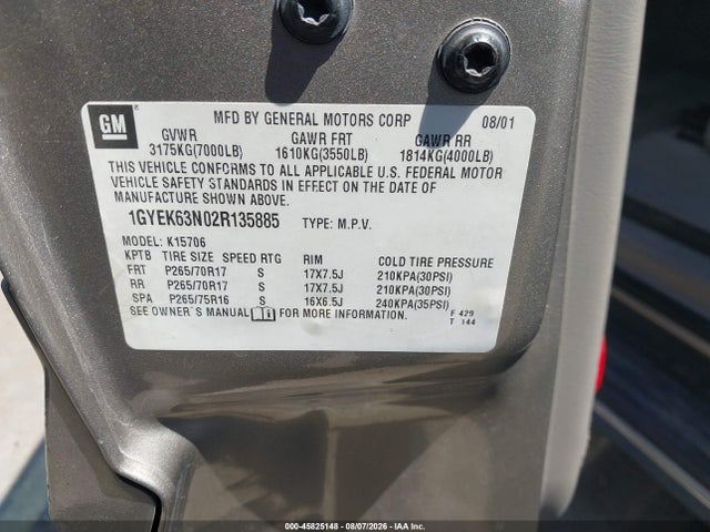 2002 Cadillac Escalade Standard მანქანა იყიდება აუქციონზე, vin: 1GYEK63N02R135885, აუქციონის ნომერი: 45825148