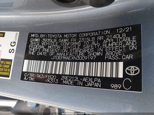 45825152 :رقم المزاد ، JTDEPMAEXN3009197 vin ، 2022 Toyota Corolla Le مزاد بيع