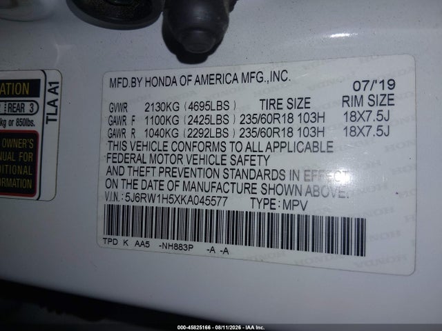 Honda CR-V EX 2019 5J6RW1H5XKA045577 Image 9