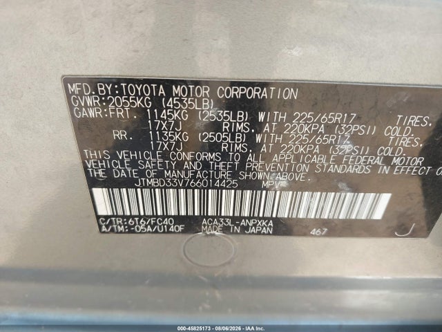 Aukcja sprzedaży 2006 Toyota Rav4, vin: JTMBD33V766014425, numer aukcji: 45825173
