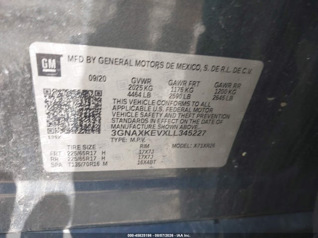 45825198 :رقم المزاد ، 3GNAXKEVXLL345227 vin ، 2020 Chevrolet Equinox Fwd Lt 1.5l Turbo مزاد بيع