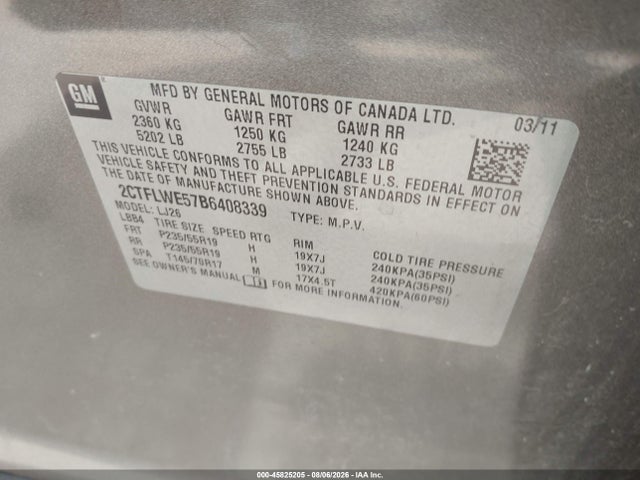 45825205 :رقم المزاد ، 2CTFLWE57B6408339 vin ، 2011 Gmc Terrain Slt-2 مزاد بيع