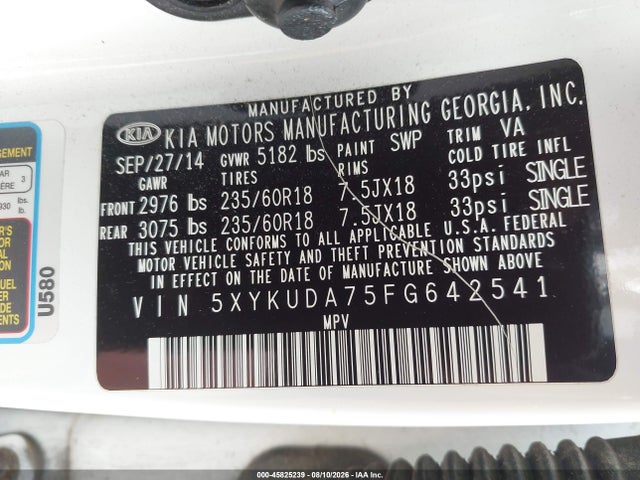 KIA Sorento Ex V6 2015 5XYKUDA75FG642541 Image 9
