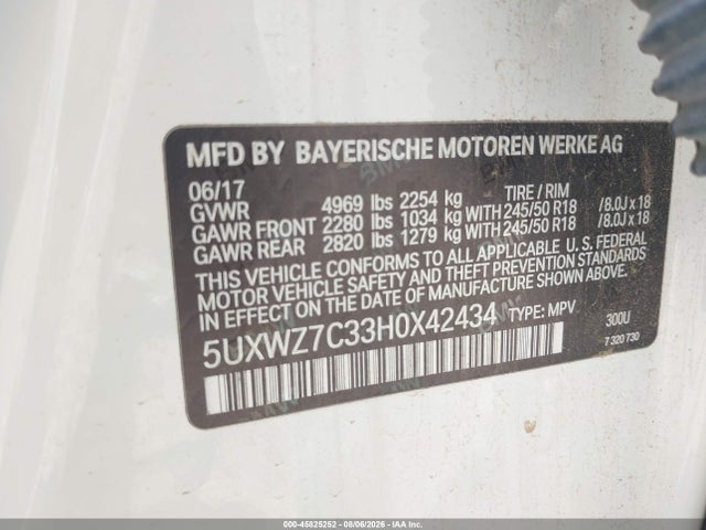45825252 :رقم المزاد ، 5UXWZ7C33H0X42434 vin ، 2017 Bmw X3 Sdrive28i مزاد بيع