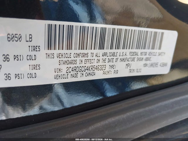 2019 Dodge Grand Caravan Sxt მანქანა იყიდება აუქციონზე, vin: 2C4RDGCG4KR546323, აუქციონის ნომერი: 45825258