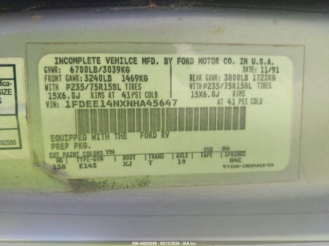 Aukcja sprzedaży 1992 Ford Econoline E150 Van, vin: 1FDEE14NXNHA45647, numer aukcji: 45825259