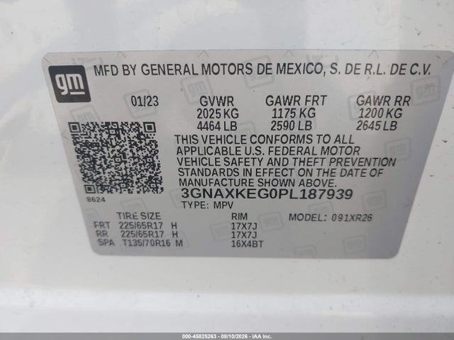 45825263 :رقم المزاد ، 3GNAXKEG0PL187939 vin ، 2023 Chevrolet Equinox Fwd Lt مزاد بيع