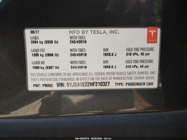 Aukcja sprzedaży 2017 Tesla Model S 100d/60d/75d/90d/p100d, vin: 5YJSA1E22HF210327, numer aukcji: 45825275