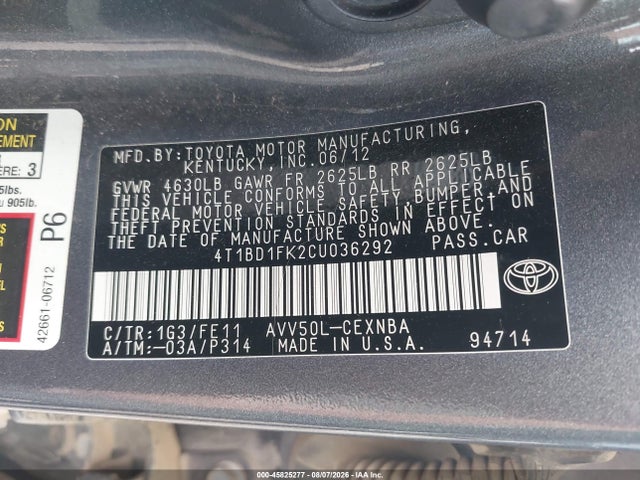 2012 Toyota Camry Hybrid Le მანქანა იყიდება აუქციონზე, vin: 4T1BD1FK2CU036292, აუქციონის ნომერი: 45825277