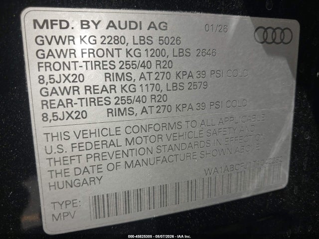 Aukcja sprzedaży 2026 Audi Q3 Tfsi Quattro S Tronic, vin: WA1ABCFJ1T1042282, numer aukcji: 45825305