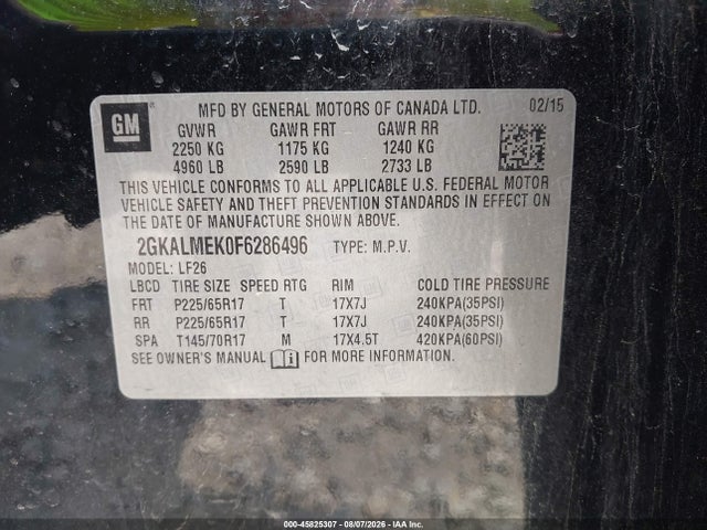 Aukcja sprzedaży 2015 Gmc Terrain Sle-1, vin: 2GKALMEK0F6286496, numer aukcji: 45825307