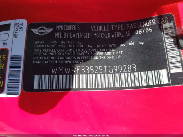Aukcja sprzedaży 2005 Mini Cooper S, vin: WMWRE33525TG99283, numer aukcji: 45825310