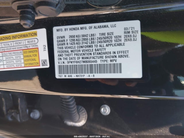 Продаж на аукціоні авто 2021 Honda Pilot Awd Special Edition, vin: 5FNYF6H27MB065445, номер лоту: 45825337