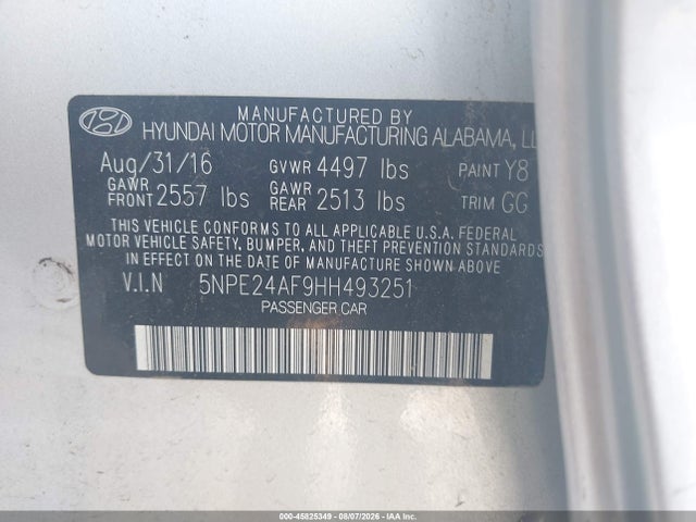 2017 Hyundai Sonata მანქანა იყიდება აუქციონზე, vin: 5NPE24AF9HH493251, აუქციონის ნომერი: 45825349