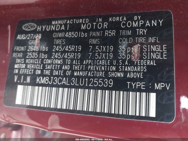 Aukcja sprzedaży 2020 Hyundai Tucson Sport, vin: KM8J3CAL3LU125539, numer aukcji: 45825352