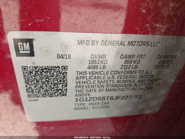 2018 Chevrolet Malibu Lt მანქანა იყიდება აუქციონზე, vin: 1G1ZD5ST6JF227751, აუქციონის ნომერი: 45825370