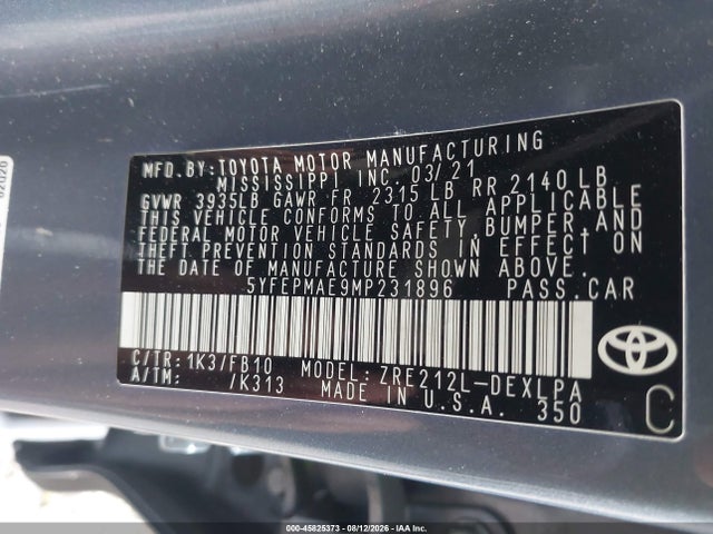 45825373 :رقم المزاد ، 5YFEPMAE9MP231896 vin ، 2021 Toyota Corolla Le مزاد بيع