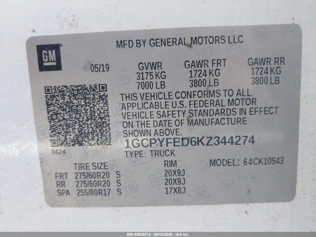 Продаж на аукціоні авто 2019 Chevrolet Silverado 1500 Lt Trail Boss, vin: 1GCPYFED6KZ344274, номер лоту: 45825374