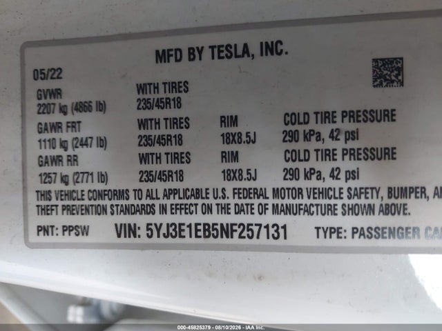 Tesla Model 3 Long Range Dual Motor All-wheel Drive 2022 5YJ3E1EB5NF257131 Image 9