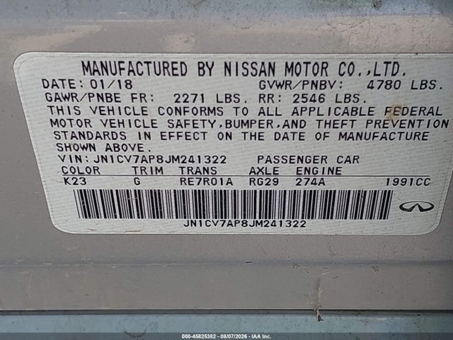 Продажа на аукционе авто 2018 Infiniti Q50 2.0t Pure, vin: JN1CV7AP8JM241322, номер лота: 45825382