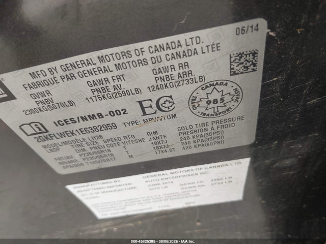 45825385 :رقم المزاد ، 2GKFLWEK1E6382959 vin ، 2014 Gmc Terrain Sle-2 مزاد بيع