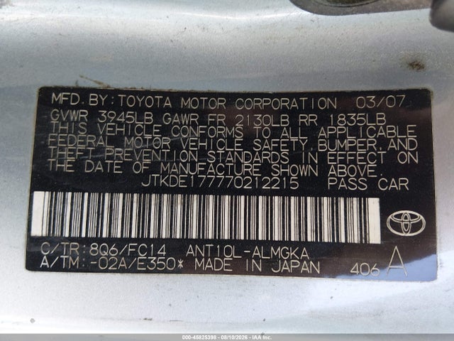 Aukcja sprzedaży 2007 Scion Tc, vin: JTKDE177770212215, numer aukcji: 45825398