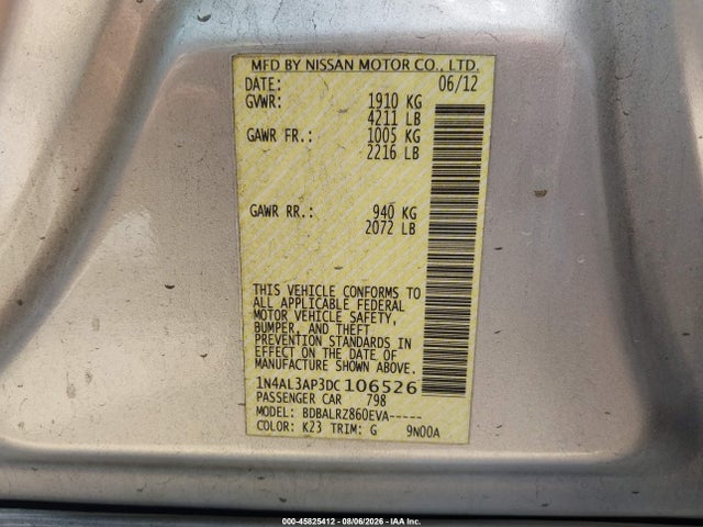 2013 Nissan Altima 2.5/s/sv/sl მანქანა იყიდება აუქციონზე, vin: 1N4AL3AP3DC106526, აუქციონის ნომერი: 45825412