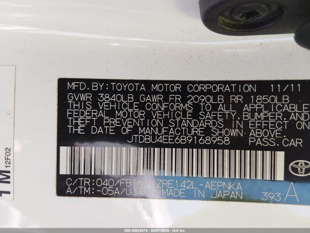 45825414 :رقم المزاد ، JTDBU4EE6B9168958 vin ، 2011 Toyota Corolla Le مزاد بيع