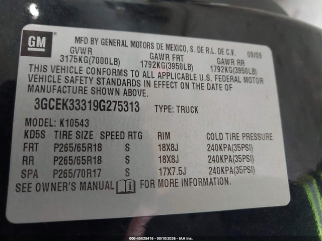 Aukcja sprzedaży 2009 Chevrolet Silverado 1500 Ltz, vin: 3GCEK33319G275313, numer aukcji: 45825416