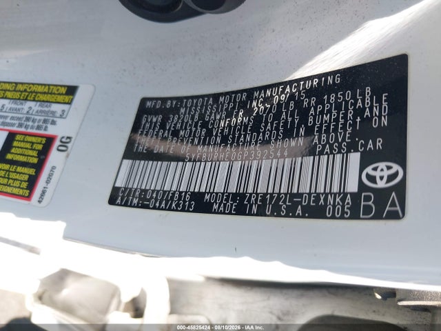 2016 Toyota Corolla Le Plus მანქანა იყიდება აუქციონზე, vin: 5YFBURHE0GP392544, აუქციონის ნომერი: 45825424