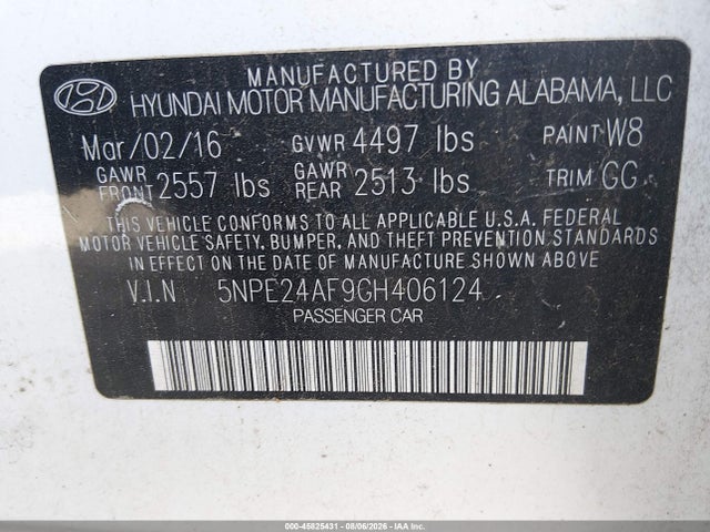 45825431 :رقم المزاد ، 5NPE24AF9GH406124 vin ، 2016 Hyundai Sonata مزاد بيع