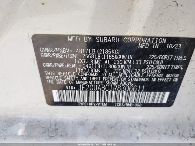 Aukcja sprzedaży 2024 Subaru Crosstrek, vin: JF2GUABC1R8306611, numer aukcji: 45825435