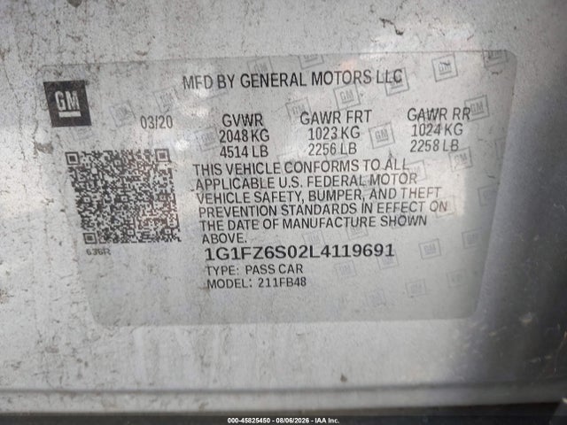 1G1FZ6S02L4119691 Chevrolet Bolt Ev Fwd Premier
