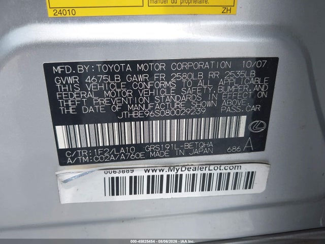 Aukcja sprzedaży 2008 Lexus Gs 350, vin: JTHBE96S080029239, numer aukcji: 45825454