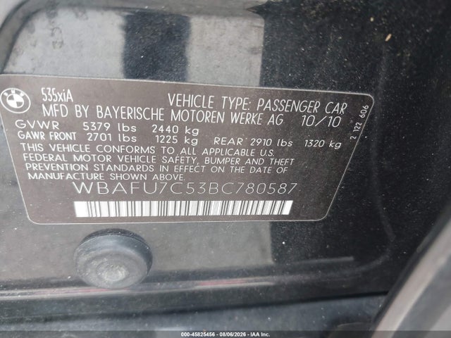 Продажа на аукционе авто 2011 Bmw 535i Xdrive, vin: WBAFU7C53BC780587, номер лота: 45825456