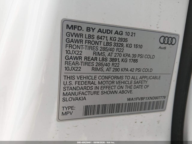Продаж на аукціоні авто 2022 Audi Q8 Prestige 55 Tfsi Quattro Tiptronic, vin: WA1FVBF1XND007779, номер лоту: 45825461