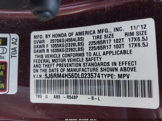 Продажа на аукционе авто 2013 Honda Cr-v Ex, vin: 5J6RM4H56DL023574, номер лота: 45825482