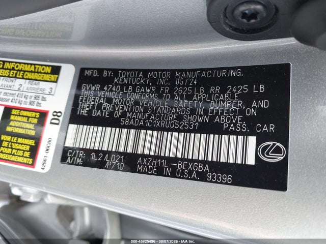 Продаж на аукціоні авто 2024 Lexus Es 300h, vin: 58ADA1C1XRU052531, номер лоту: 45825496