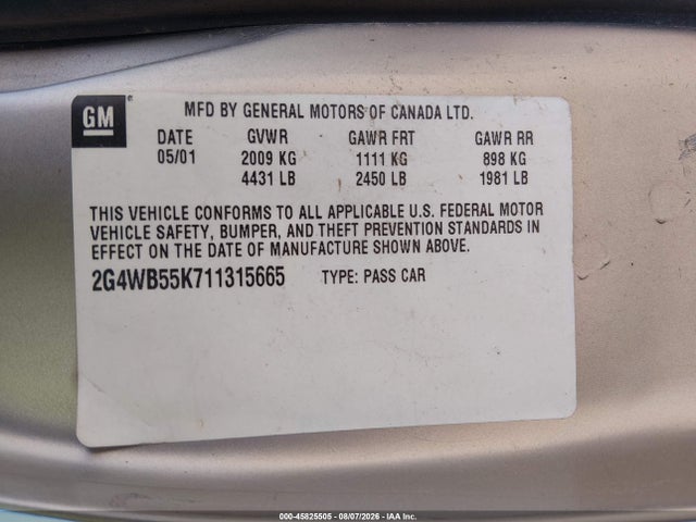 Продажа на аукционе авто 2001 Buick Regal Ls, vin: 2G4WB55K711315665, номер лота: 45825505