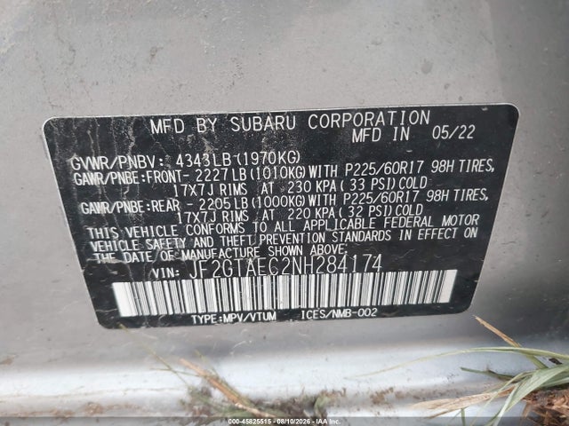 2022 Subaru Crosstrek Premium მანქანა იყიდება აუქციონზე, vin: JF2GTAEC2NH284174, აუქციონის ნომერი: 45825515