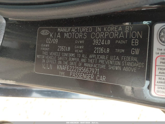 Продаж на аукціоні авто 2009 Kia Spectra Ex, vin: KNAFE222195667971, номер лоту: 45825529
