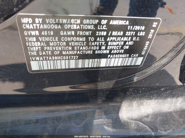 45825535 :رقم المزاد ، 1VWAT7A38HC031727 vin ، 2017 Volkswagen Passat 1.8t S مزاد بيع